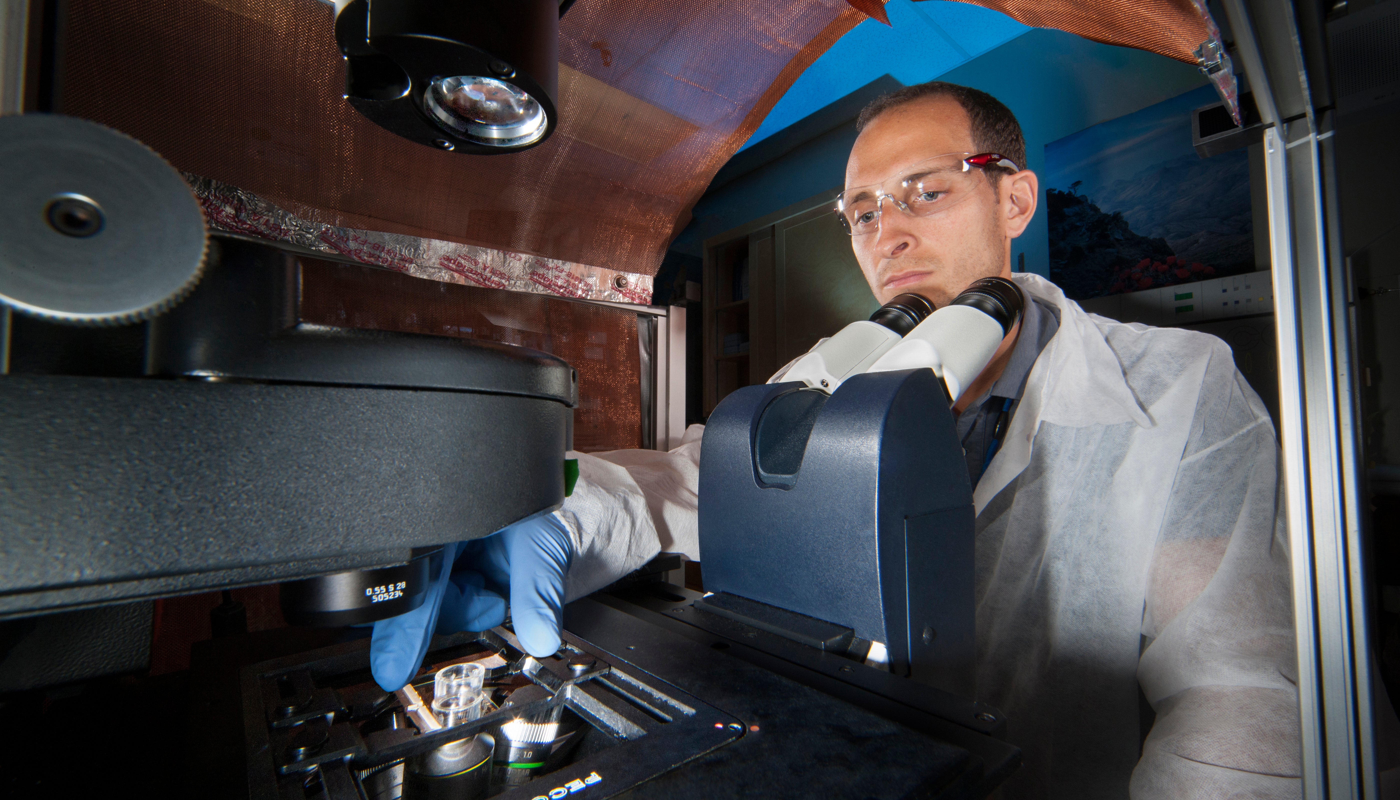 Lawrence Livermore National Laboratory research engineer Dave Soscia examines the brain-on-a chip device under a microscope.