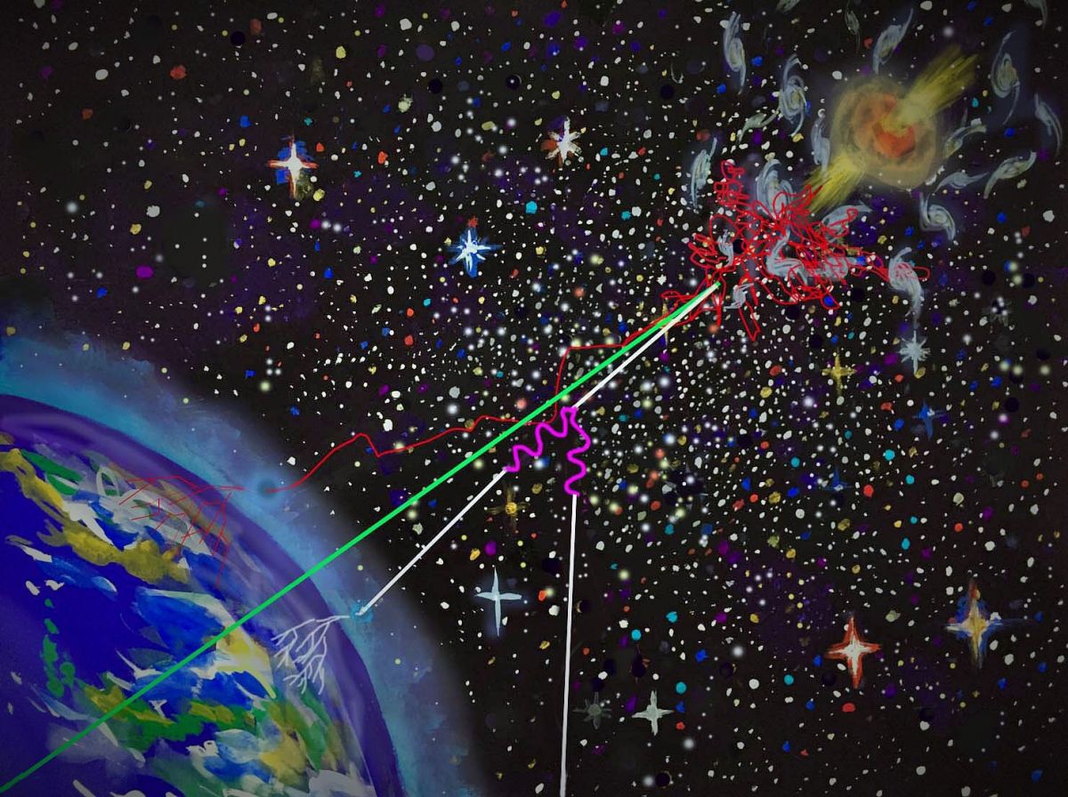 An artist's interpretation of cosmic messenger particles, being accelerated by jets from a supermassive black hole and entering earth's atmosphere.