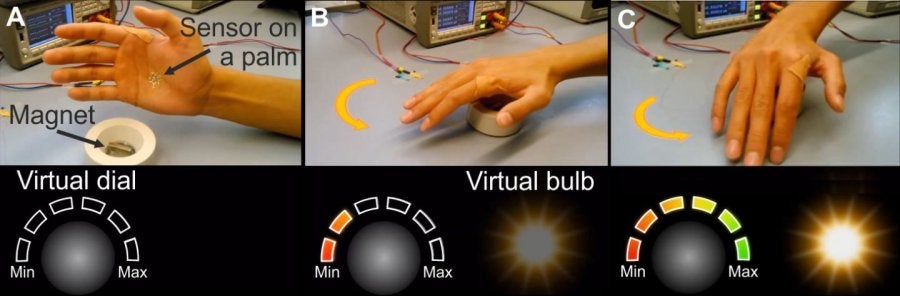 The e-skin, attached to the palm of someone's hand, enables them to move in a certain way near a magnet to control a light. Image Credit: D. Makarov