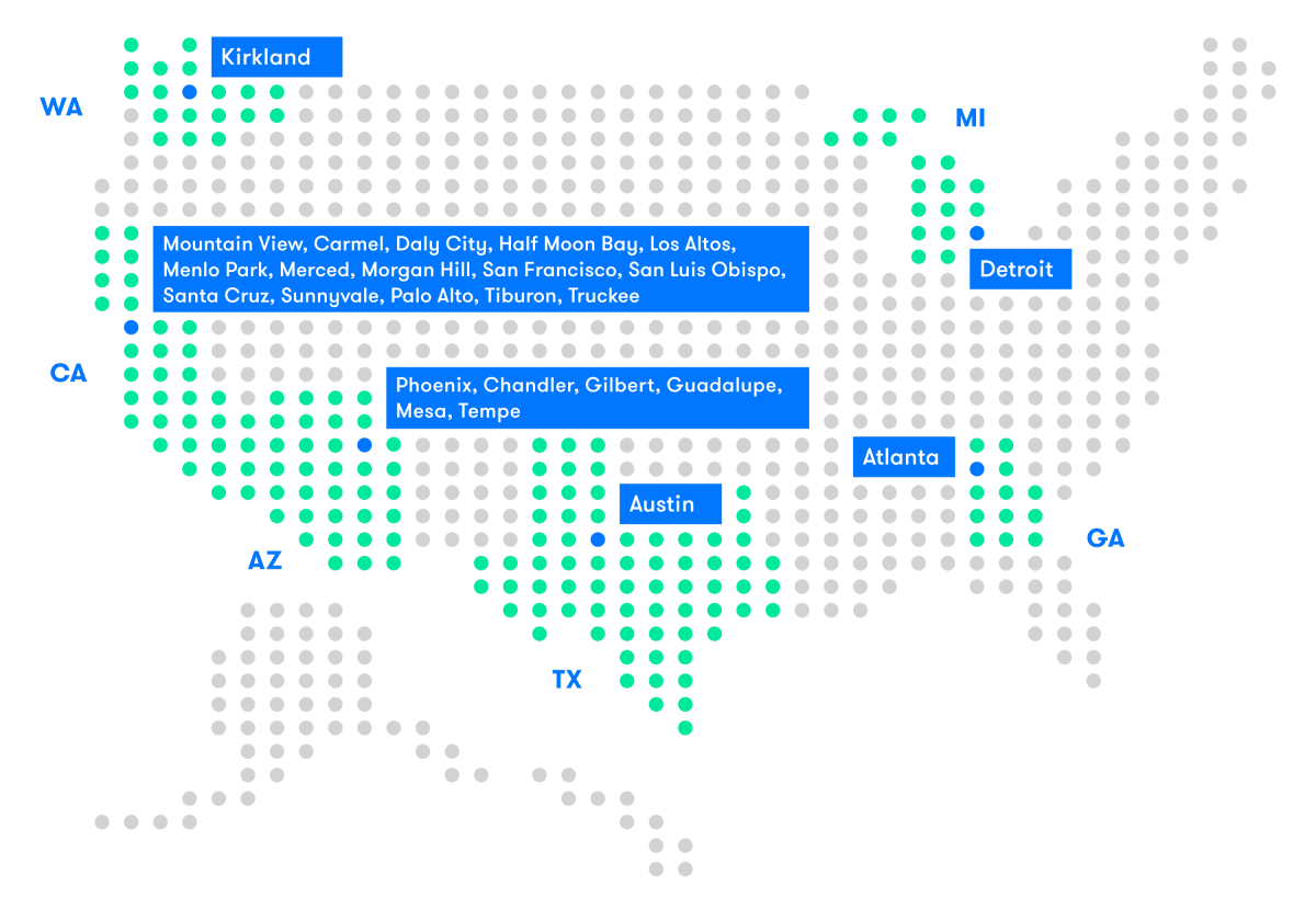 A map showing all the cities operating vehicles in the Waymo self-driving car fleet, including Kirkland WA, Detroit MI, Atlanta GA, Austin TX, and multiple cities in Arizona and California.