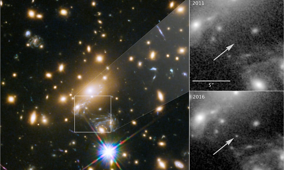 Images showing how astronomers spotted the most distant star imaged, which was not visible in 2011 but popped up in 2016 thanks to gravitational lensing.