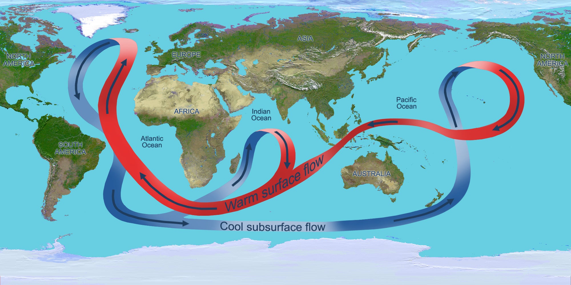 The overturning circulation of the global ocean. Atlantic circulation, on the left side of the image, is a significant driver of this entire cycle.