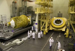 Russia's Spektr-R space telescope sitting in a bay before its launch