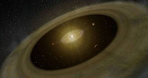 A team of astronomers just saw for the first time a gas giant planet actively forming new moons out of a cloud of gas and dust.