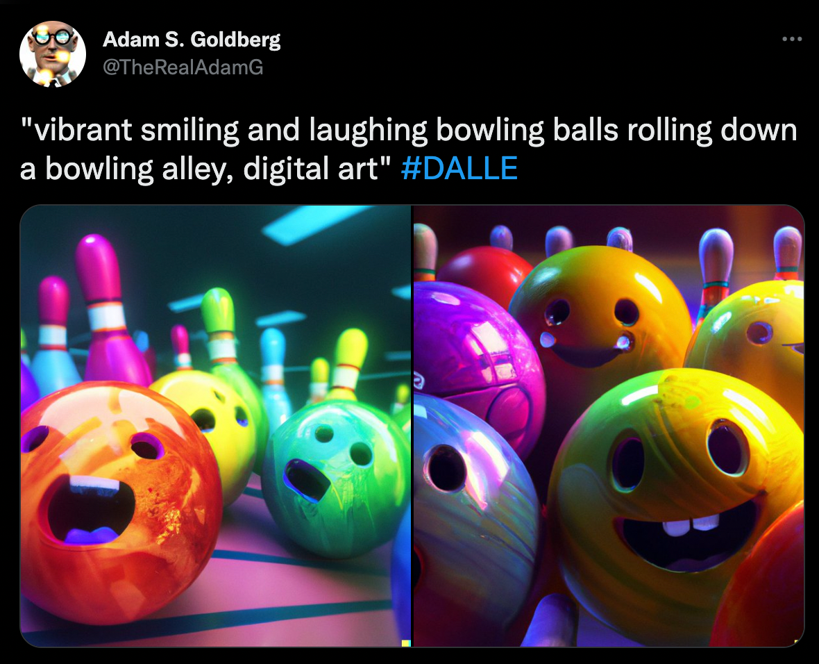 A black-backgrounded screenshot featuring two images of rainbow-colored, anthropomorphic bowling balls and pins. The tweet, posted by OpenAI's Adam S. Goldberg, reads: "vibrant smiling and laughing bowling balls rolling down a bowling alley, digital art."