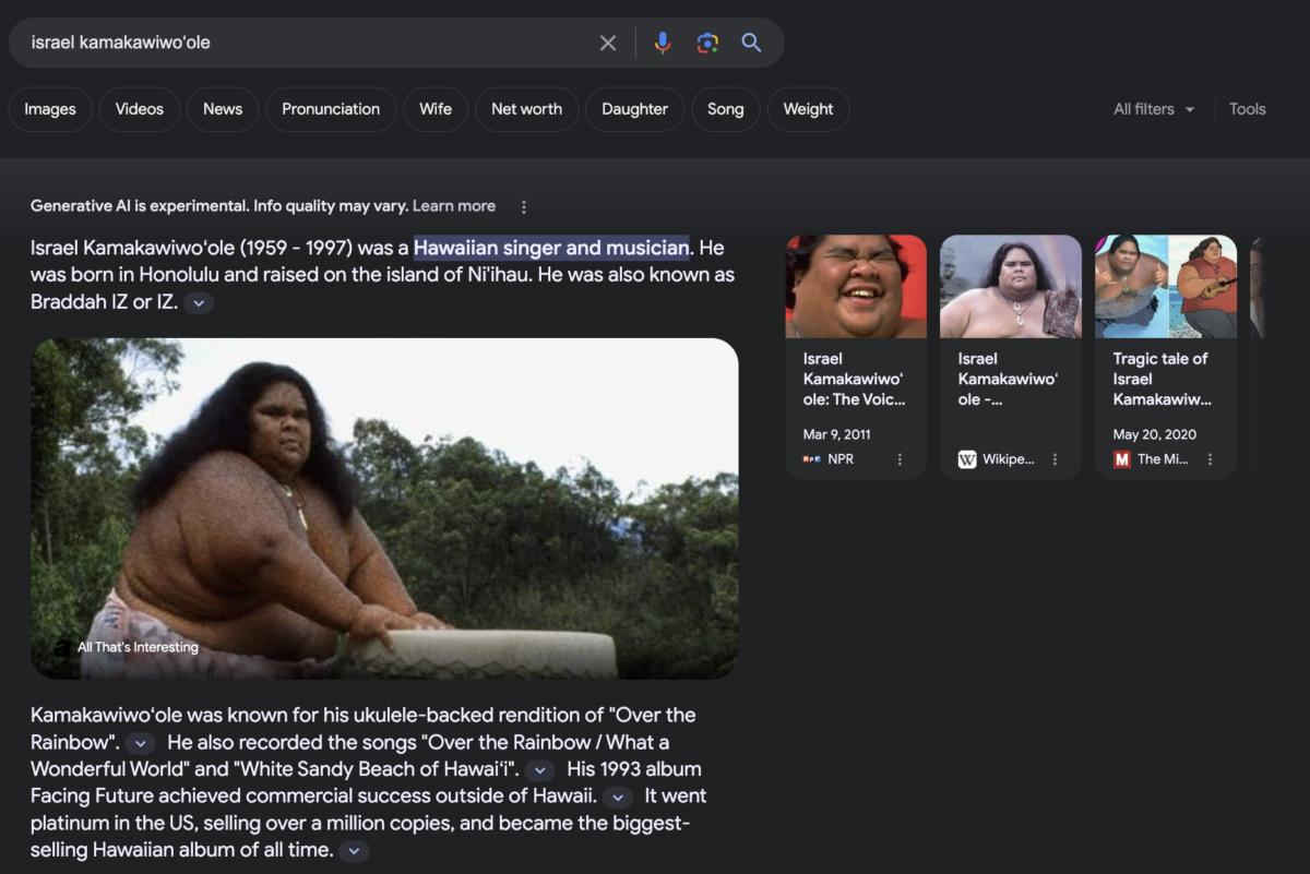 Google's AI-optimized search results for Israel Kamakawiwo'ole. Image via screenshot. 