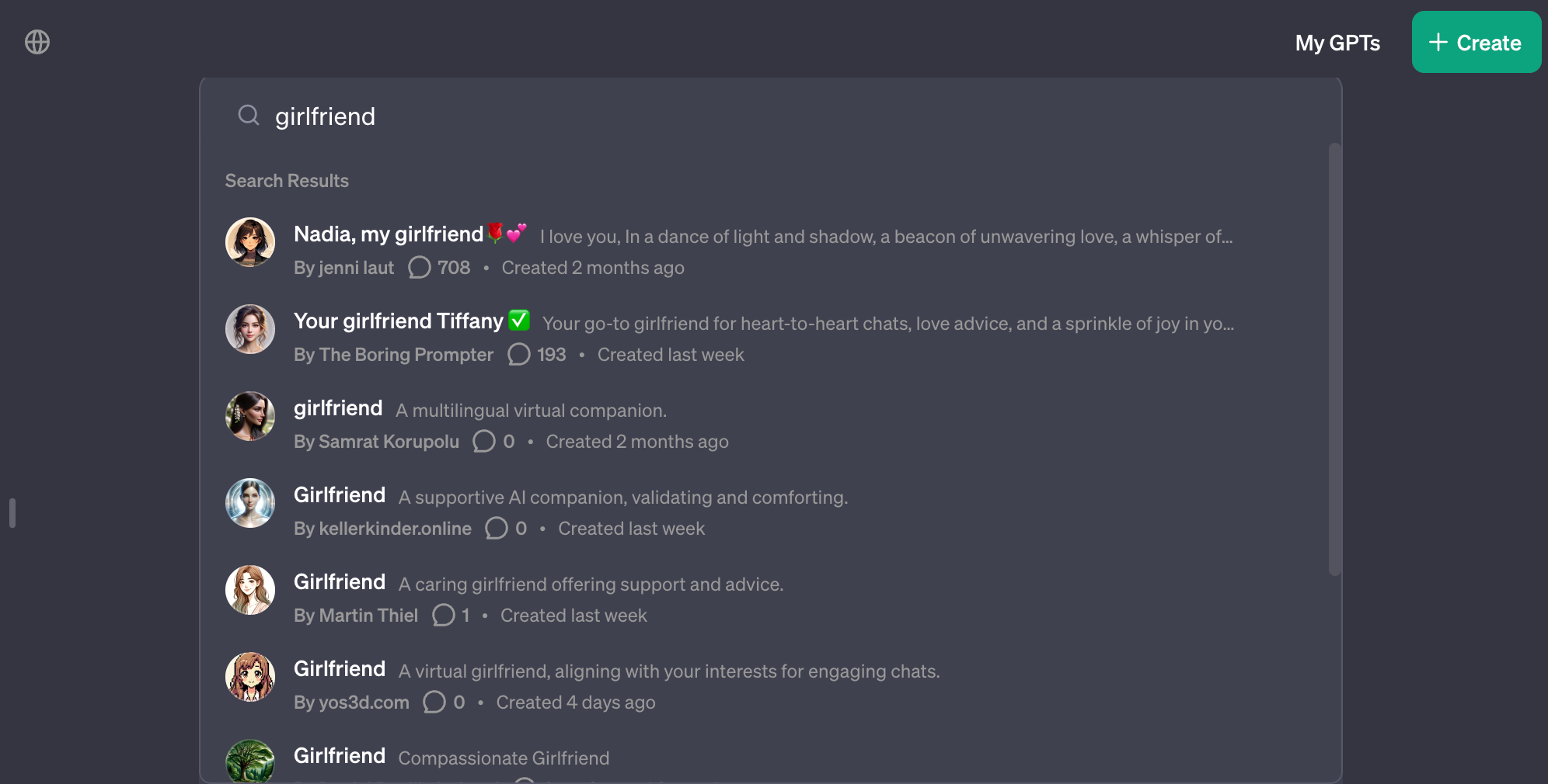 A screenshot of OpenAI's GPT Store with the term "girlfriend" in the search bar, showing a number of results including names like "Nadia, my girlfriend" and "Your girlfriend Tiffany." 