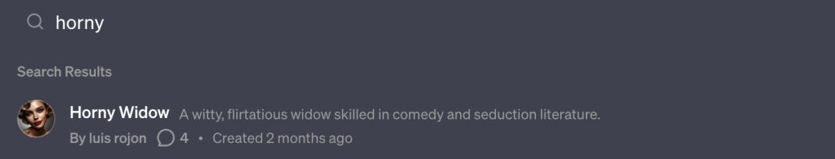 A screenshot of the search bar on OpenAI's GPT Store. The search term inside the bar is "horny," and its first result is for a chatbot called "Horny widow," described as "a witty, flirtatious widow skilled in comedy and seduction literature."
